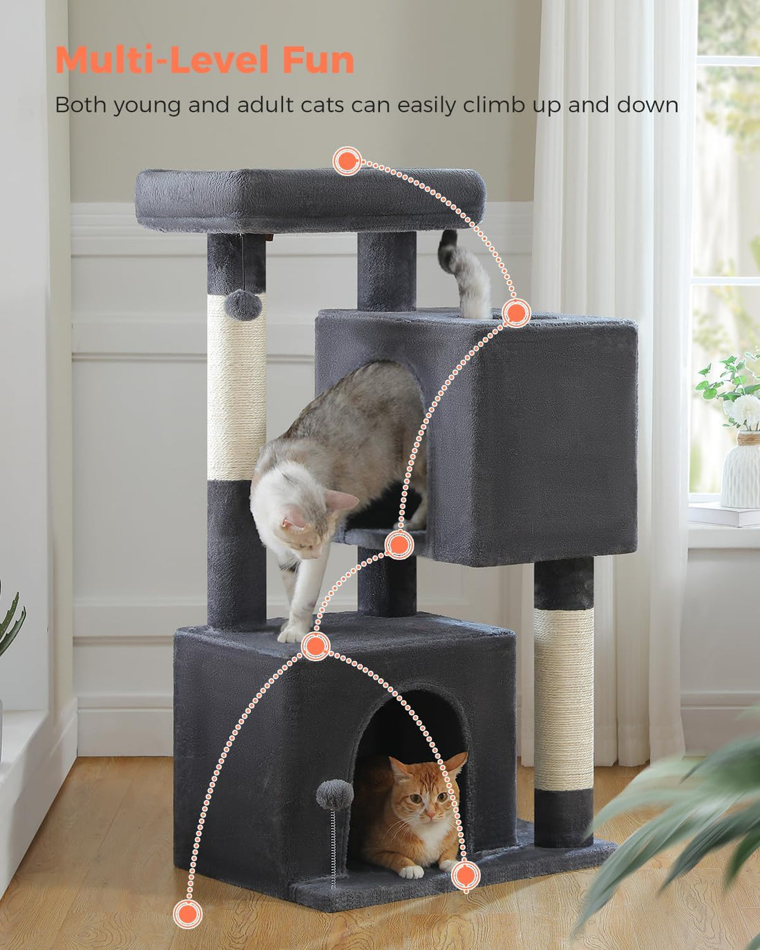 XL Cat Tree 44" Cat Tower for Large Cats 20 lbs, 2 Spacious Caves