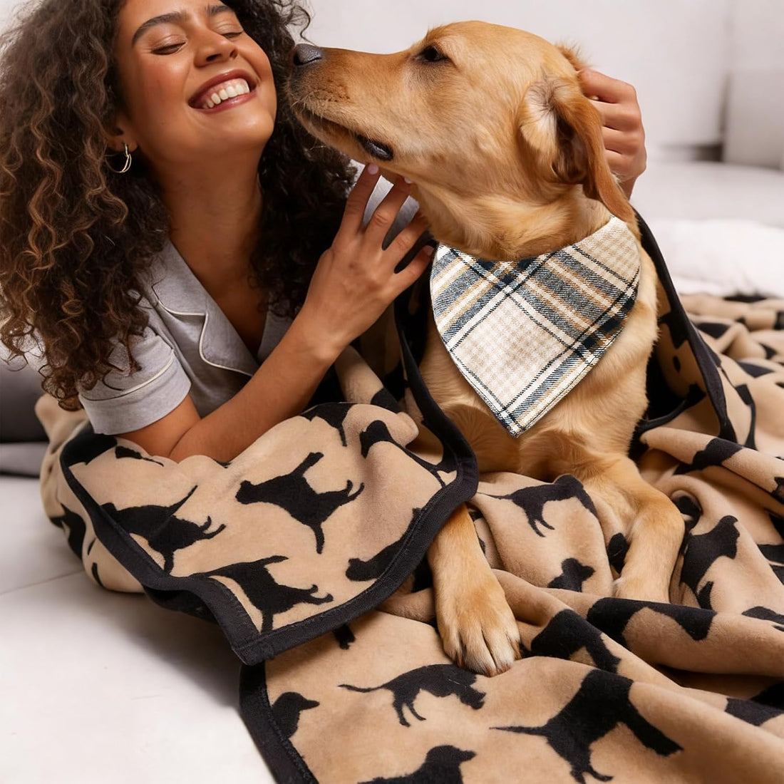 Adjustable Dog Bandana, Beige & Navy Plaid
