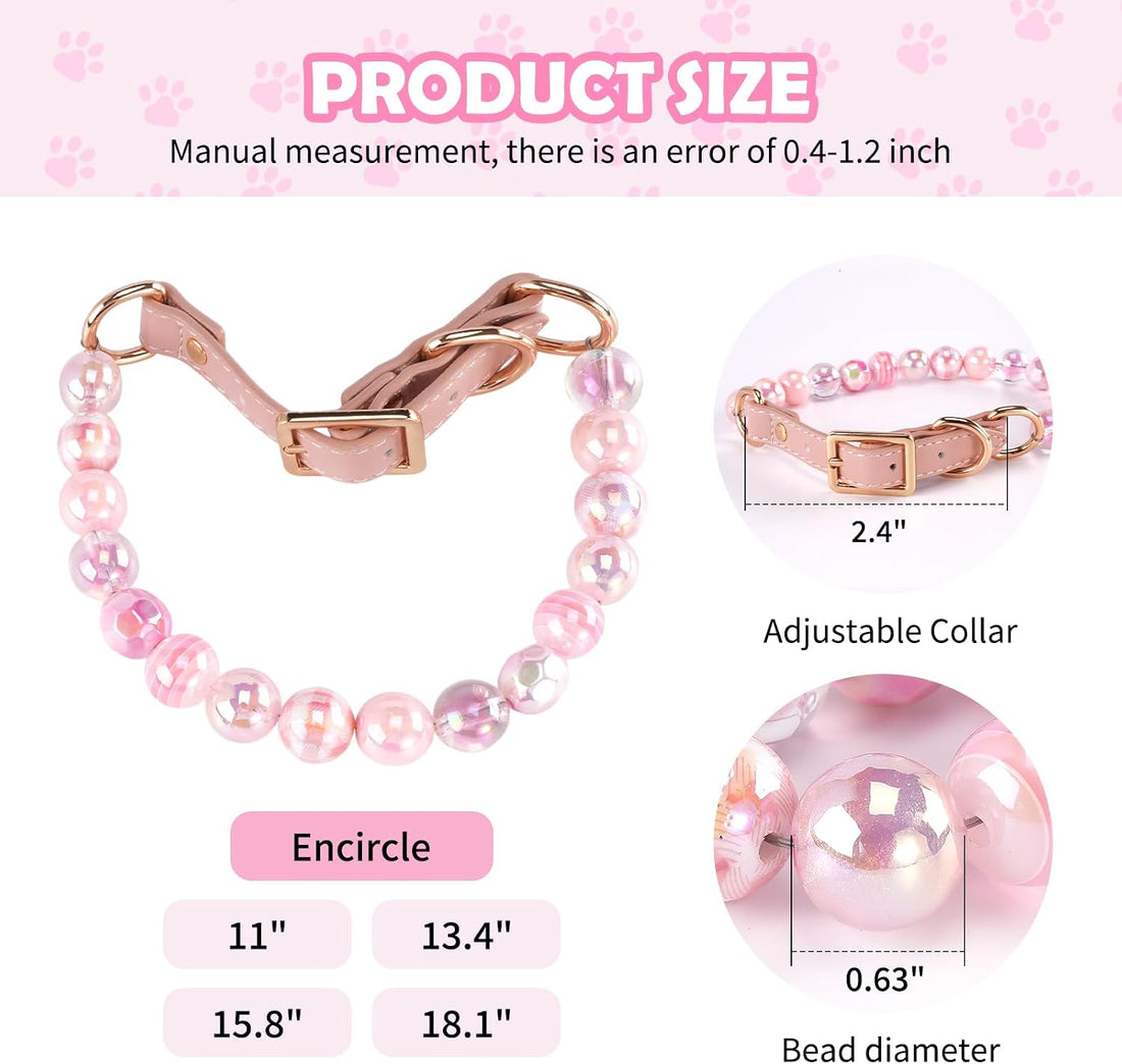 16mm Glitter Dog Beaded Necklace, Adjustable Leather Buckle (Pink, S)