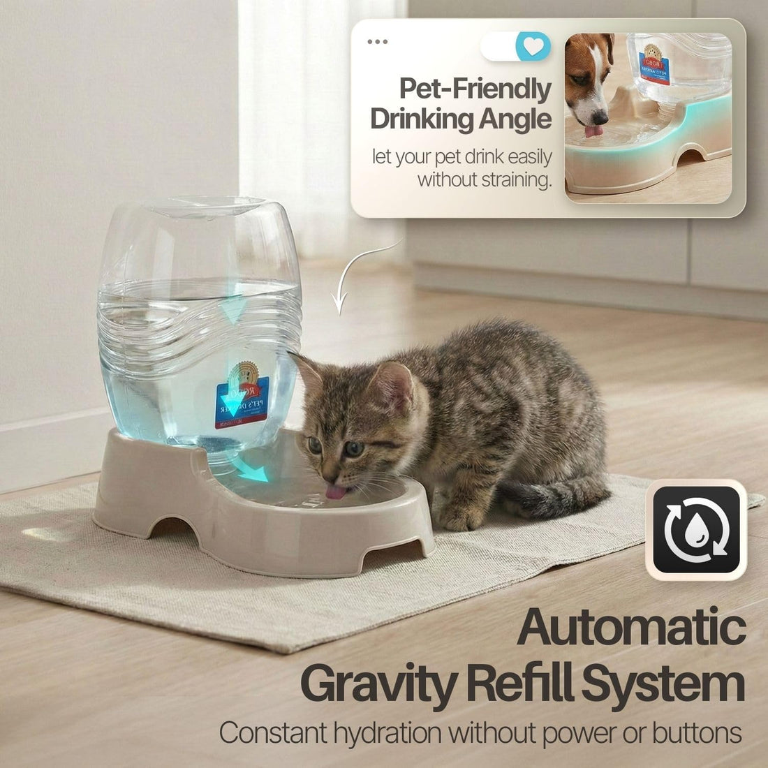Flexzion Gravity Pet Water Dispenser for Cats & Small Dogs, 1/4 Gal