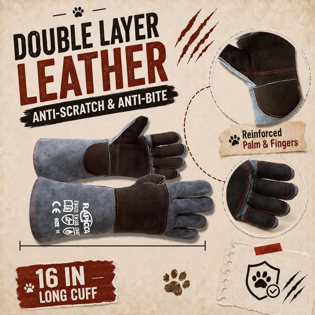 RAPICCA Animal Handling Gloves, Bite Proof Double Leather