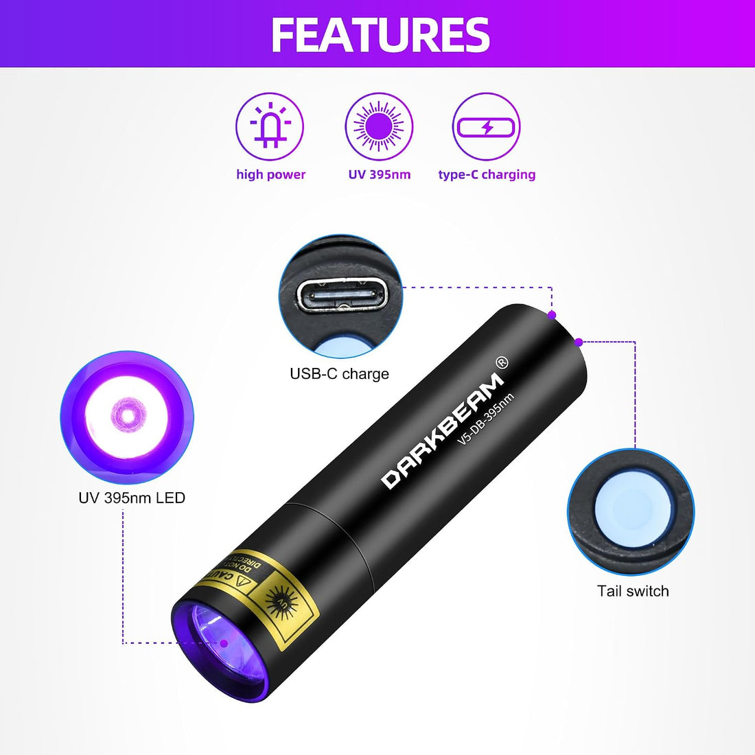 DARKBEAM UV Flashlight 395nm Black Light Pocket Woods Lamp Blacklight