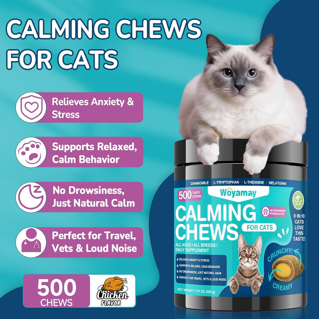Woyamay Cat Calming Treats, 500 Crunchy & Creamy Calming Chews