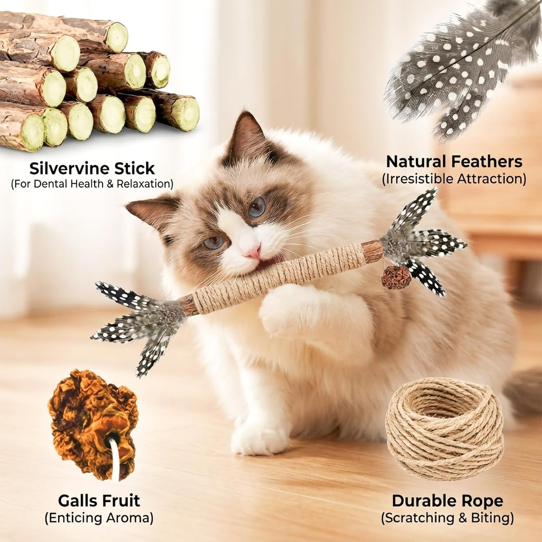 GREMBEB Cat Toys,3 Pack Silvervine Cat Feather Toy Kitten Chew Stick