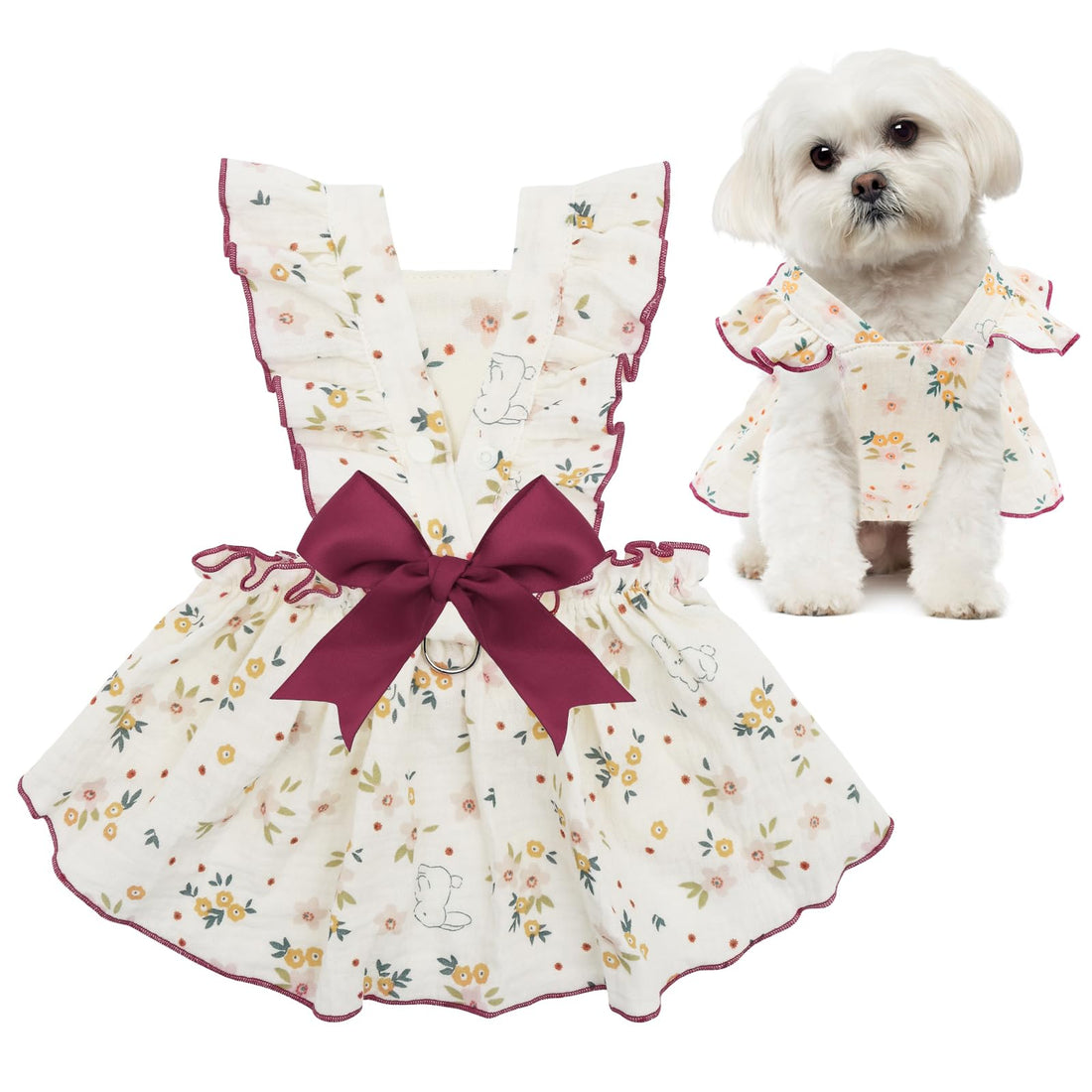 CuteBone Cotton Dog Dress Flowers with Leash Ring & Sleeve Ruffles