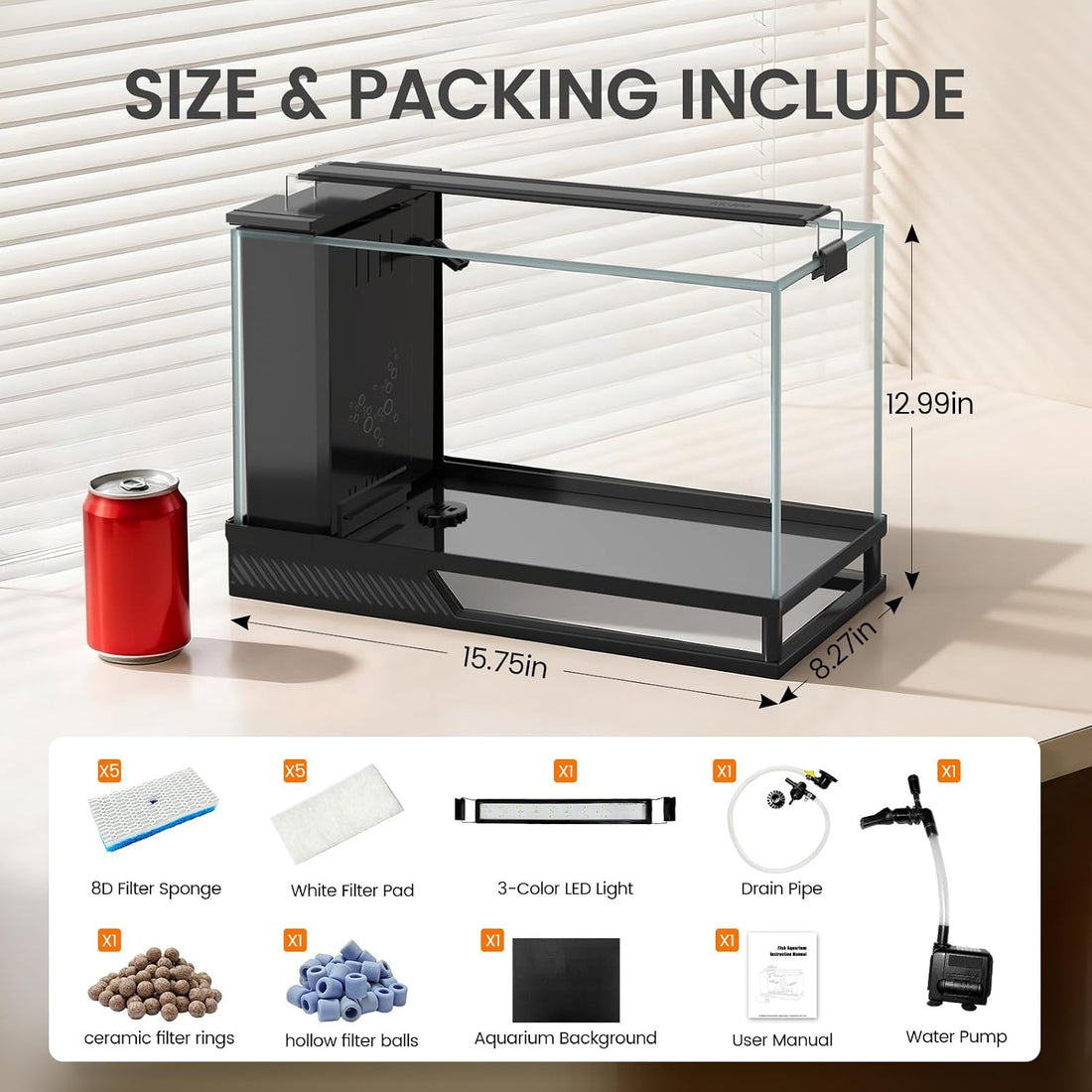 Fish Tank Kit Starter Aquariums 4 Gallon with Bottom Drainage