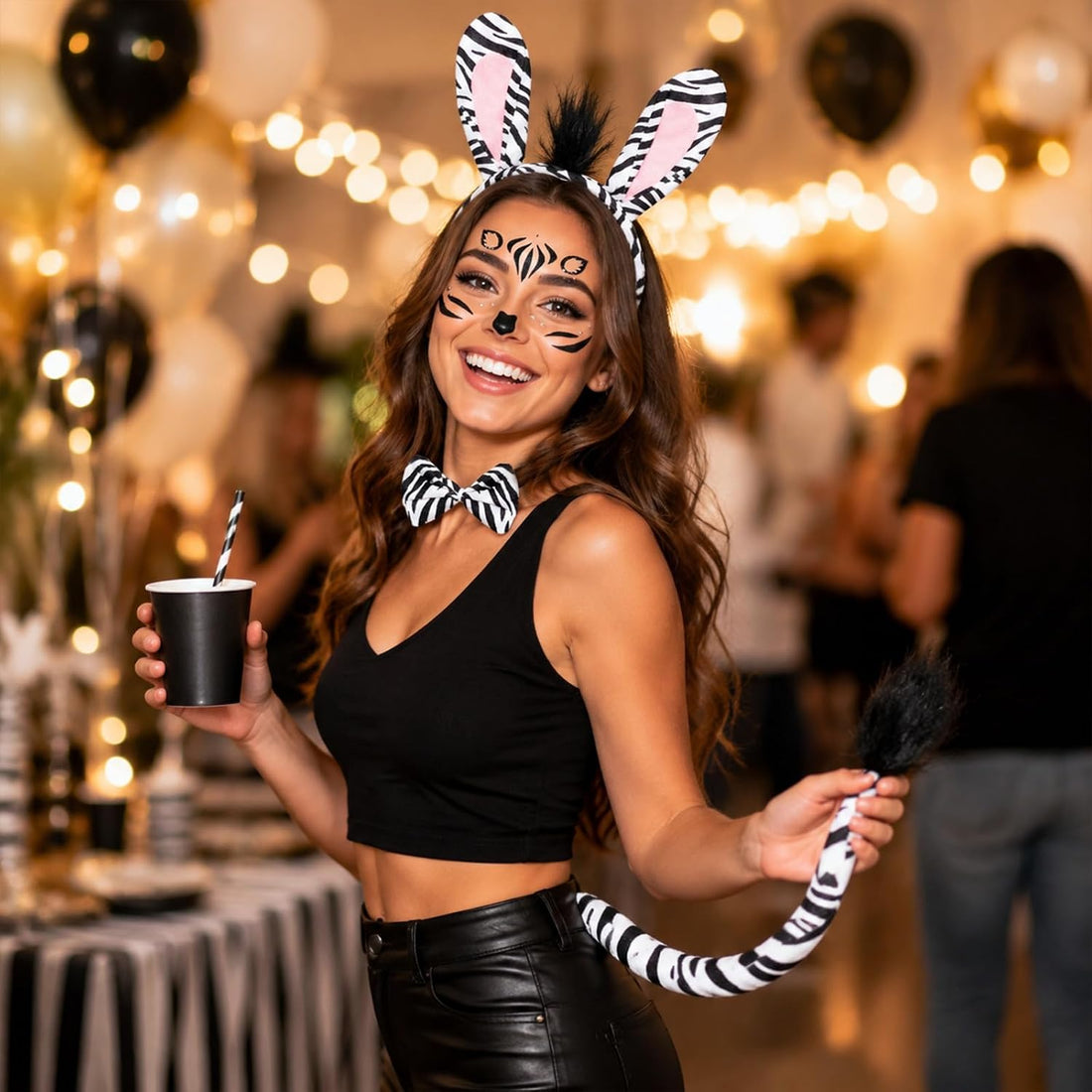 4Pcs Zebra Ears Bow Tie and Tail Set for Adults Halloween Animal