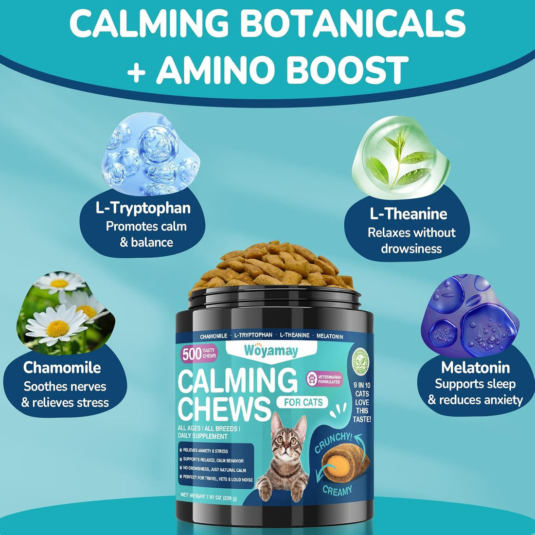 Woyamay Cat Calming Treats, 500 Crunchy & Creamy Calming Chews