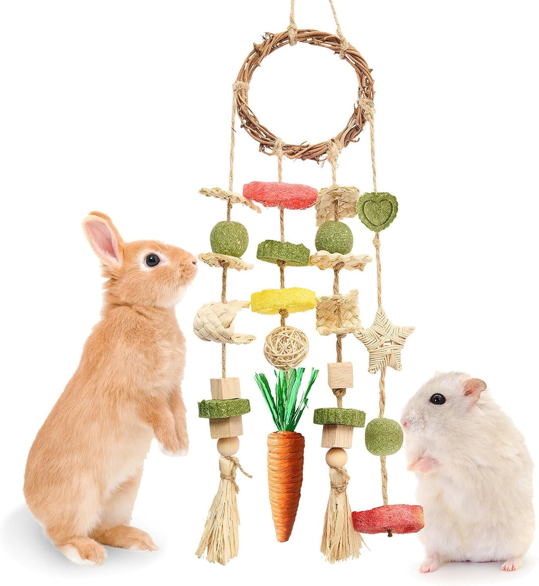 Jorewood Rabbit Chew Toys Bunny Cage Hanging Toy and Treats Rattan