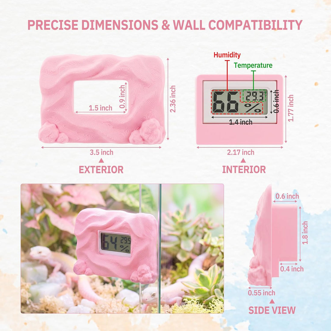 Magnetic Reptile Thermometer and Humidity Gauge, Pink