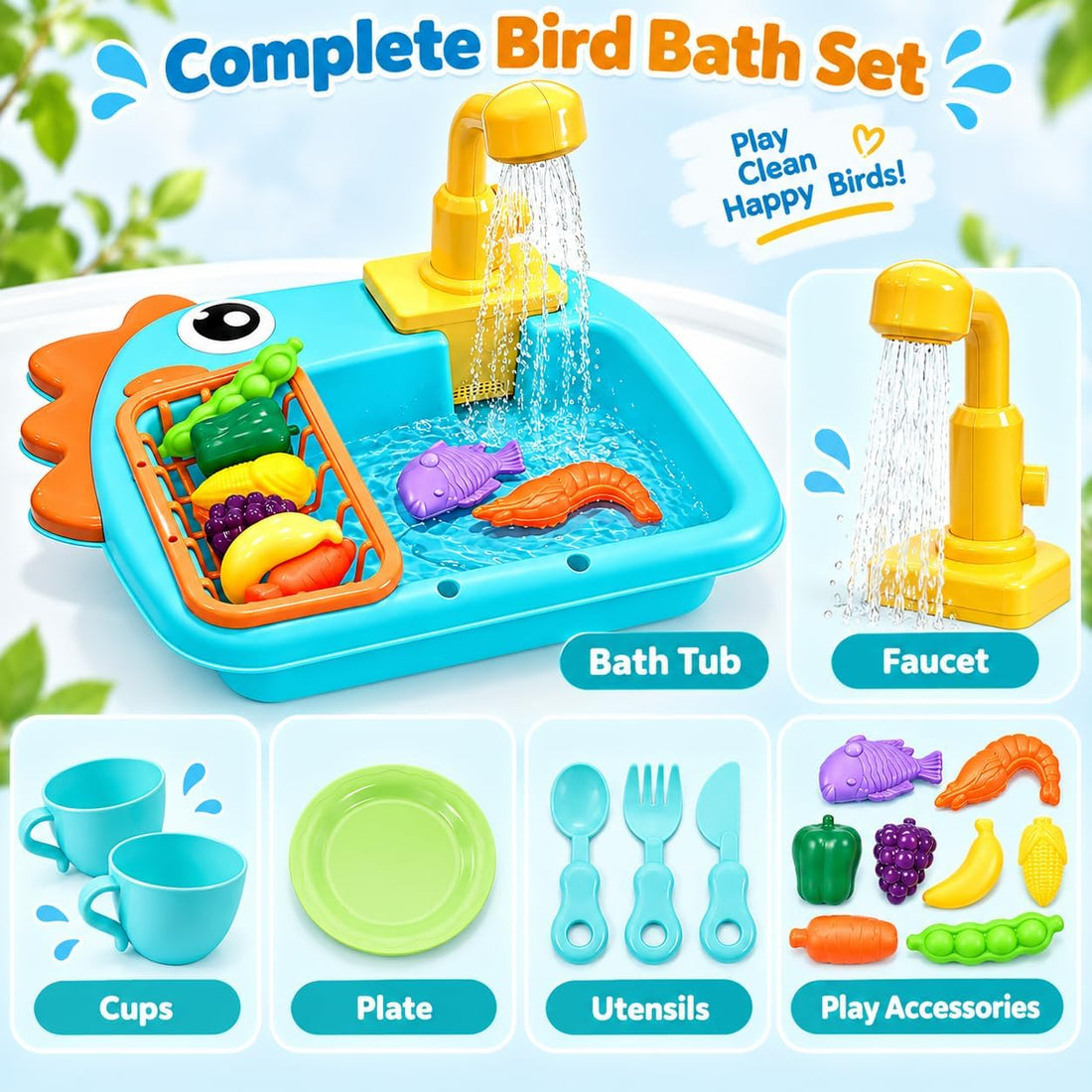 Automatic Bird Bath with Faucet for Parakeet, Budgie