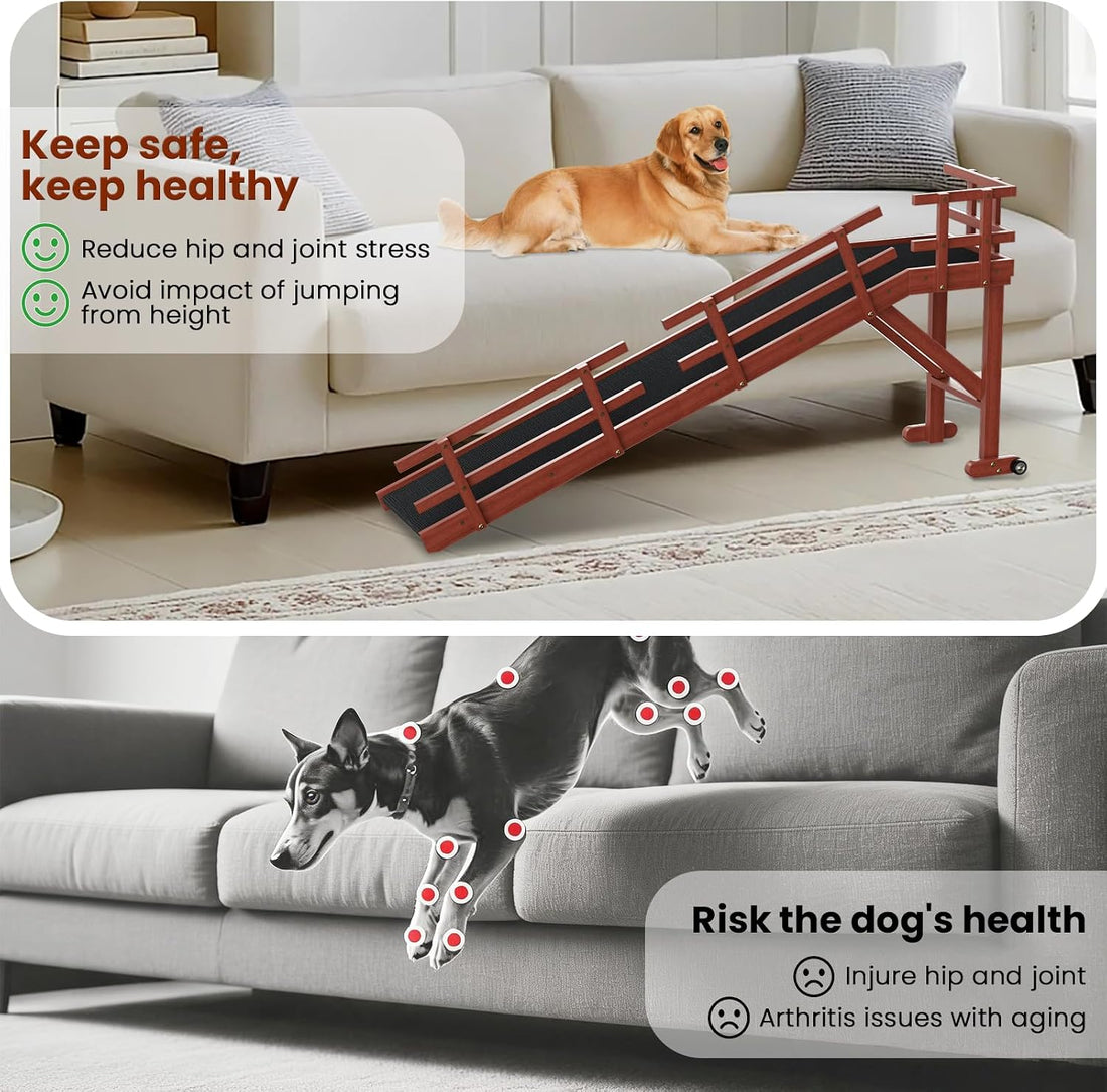 whiffee 60" Dog Ramp for Bed & Couch with Top Rest Platform & Wheels