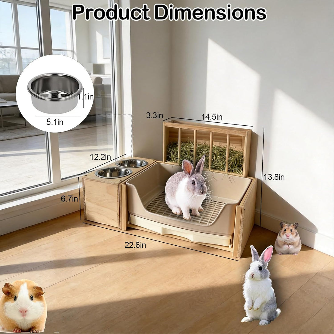 3-in-1 Large Rabbit Hay Feeder with Drawer Litter Box