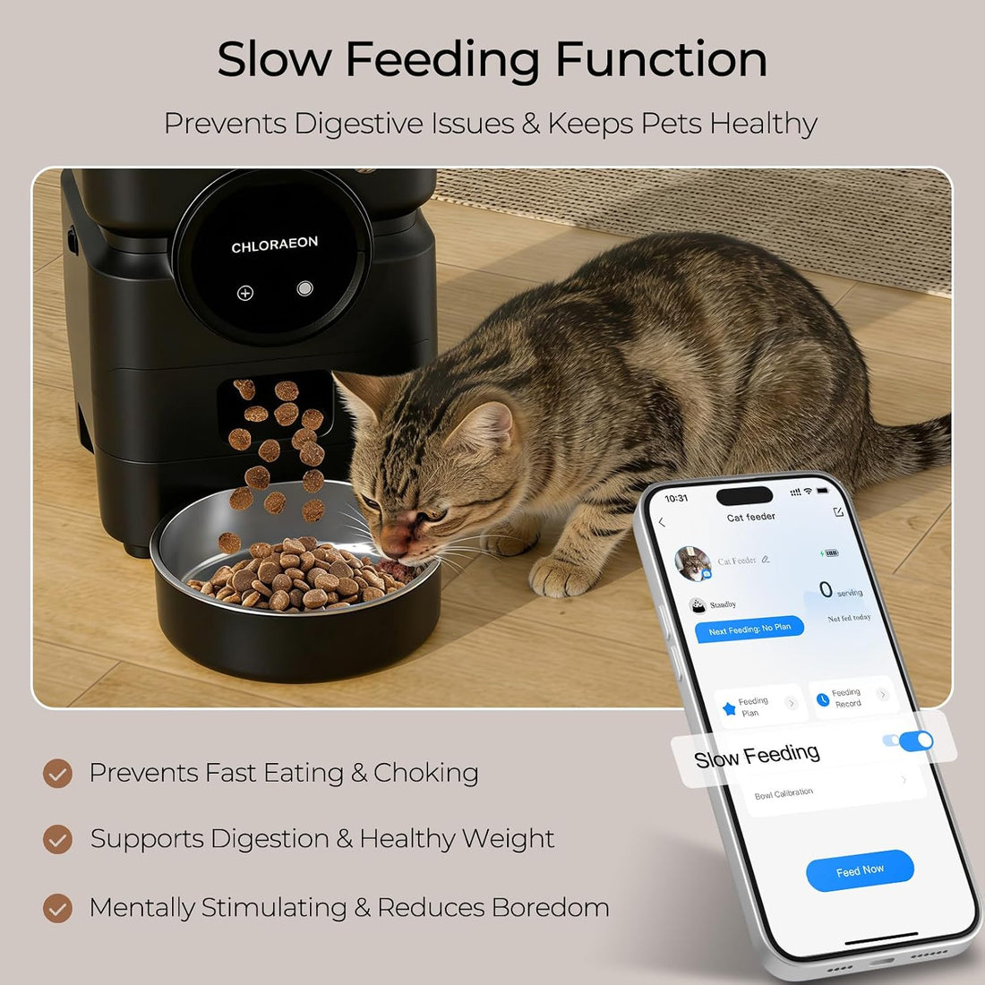 Automatic Cat Feeder for 3 Cats, 6L 2.4G WiFi Feeder, Slow Feed