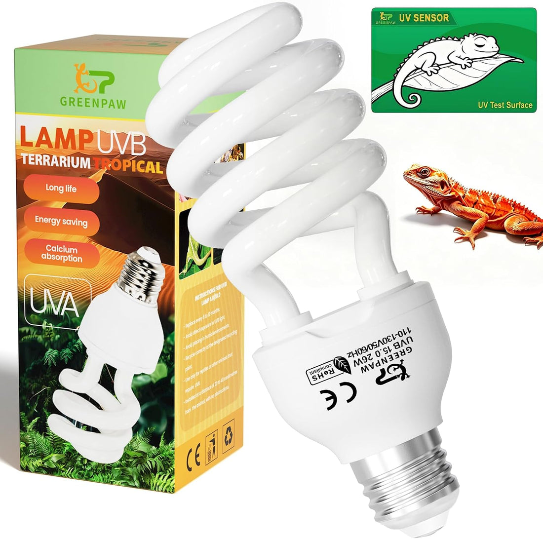 Reptile UVB Bulb 5.0 15W, Compact Fluorescent Light E26 Base, 2PCS