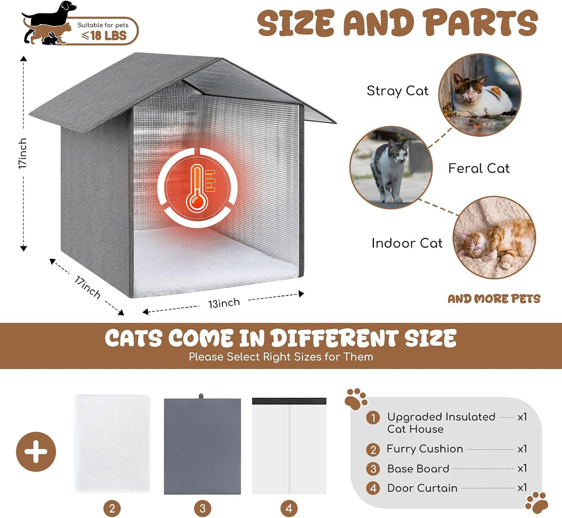 Insulated Outdoor Cat House Weatherproof Winter, Grey