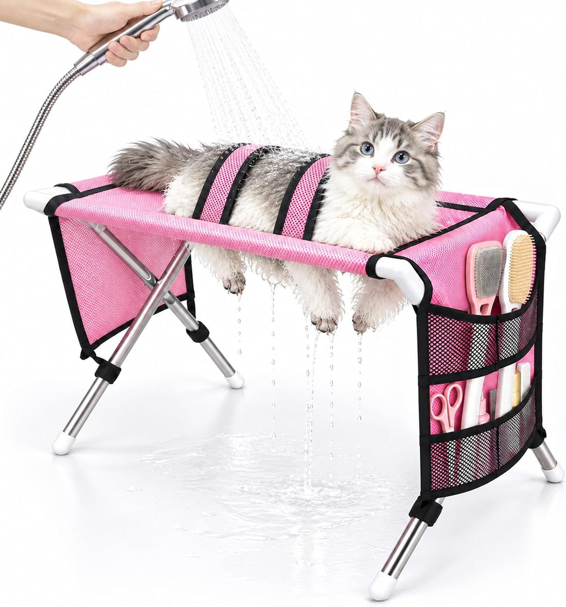 Dog Grooming Hammock with Stand, Foldable Pet Bathing Hammock for Cats