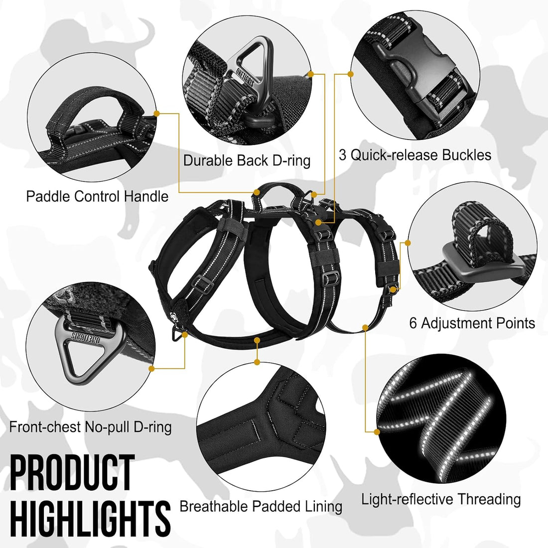 OneTigris Dog Harness No Pull Adjustable Tactical Harness with Soft
