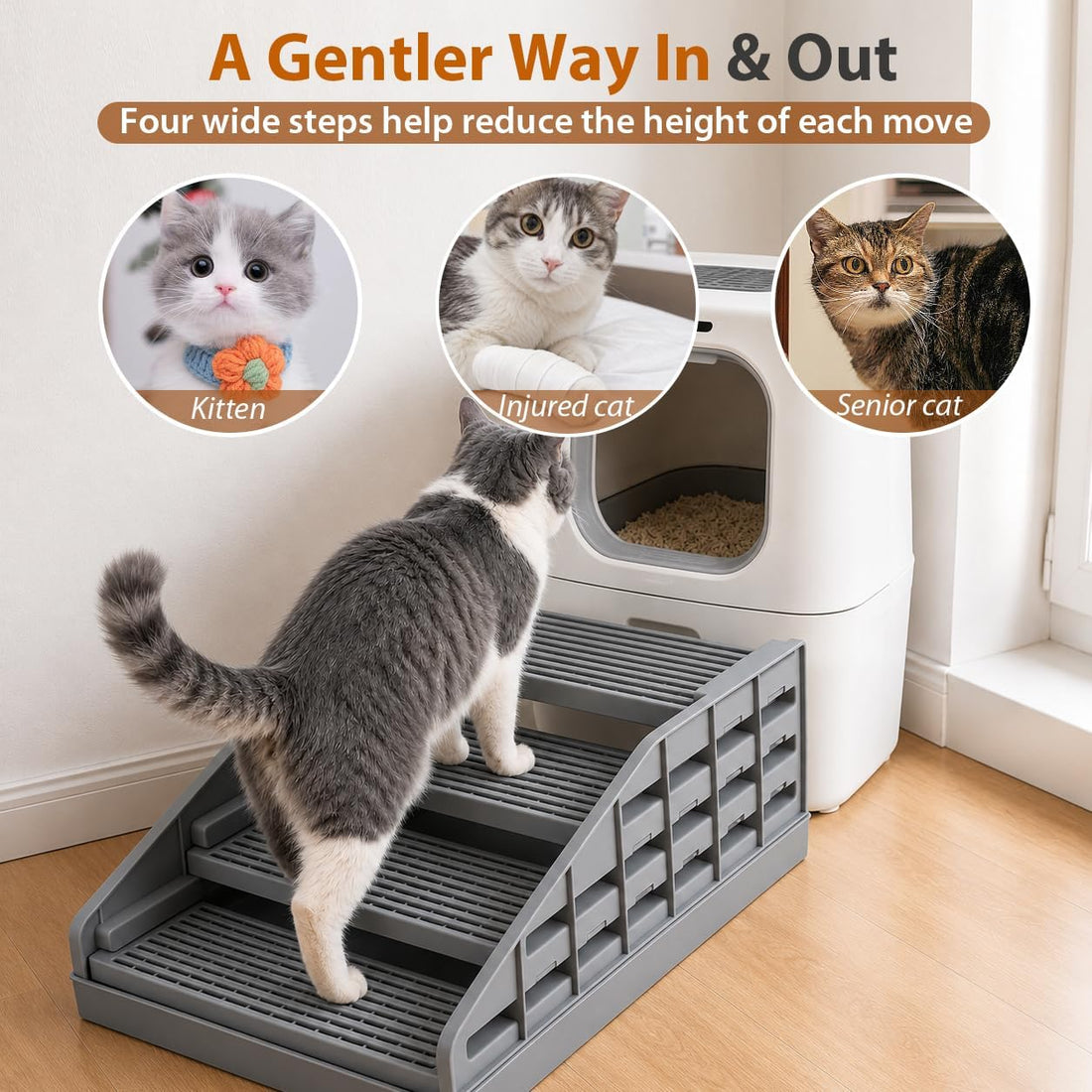 Litter Box Ramp for Cats, Adjustable Cat Steps for Litter Box