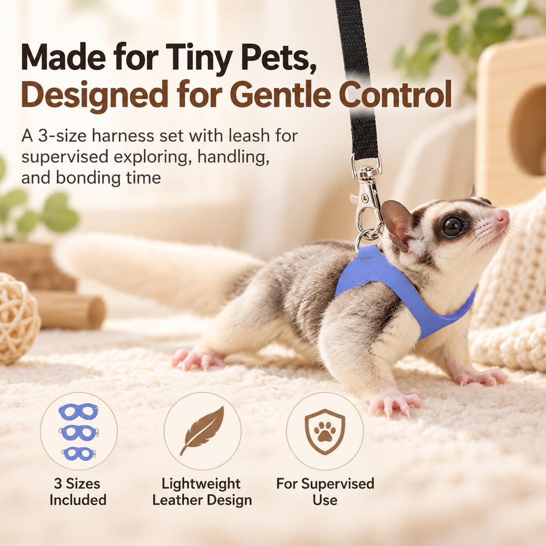 3 Pack Sugar Glider Harness and Leash Set Small Animal Training