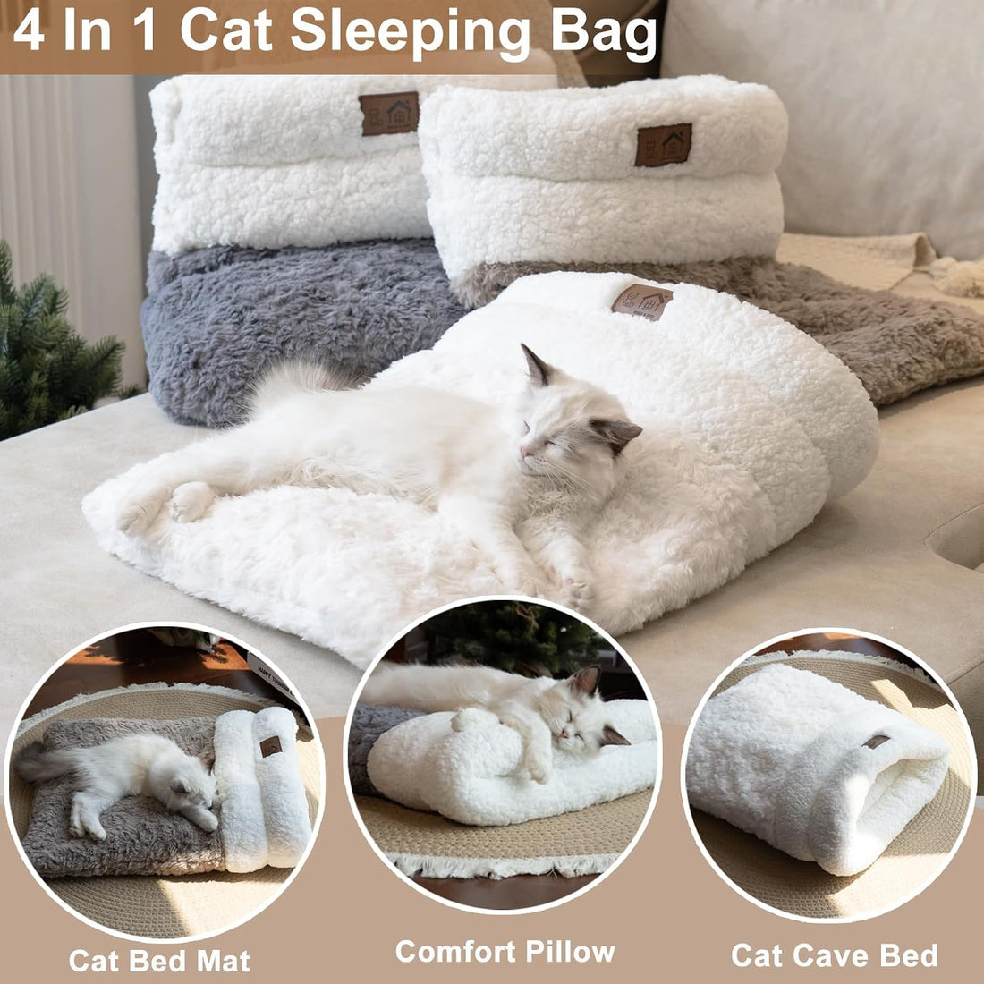 Self Warming Cat Cave Bed, Double-Layer Faux Fur Sleeping Bag