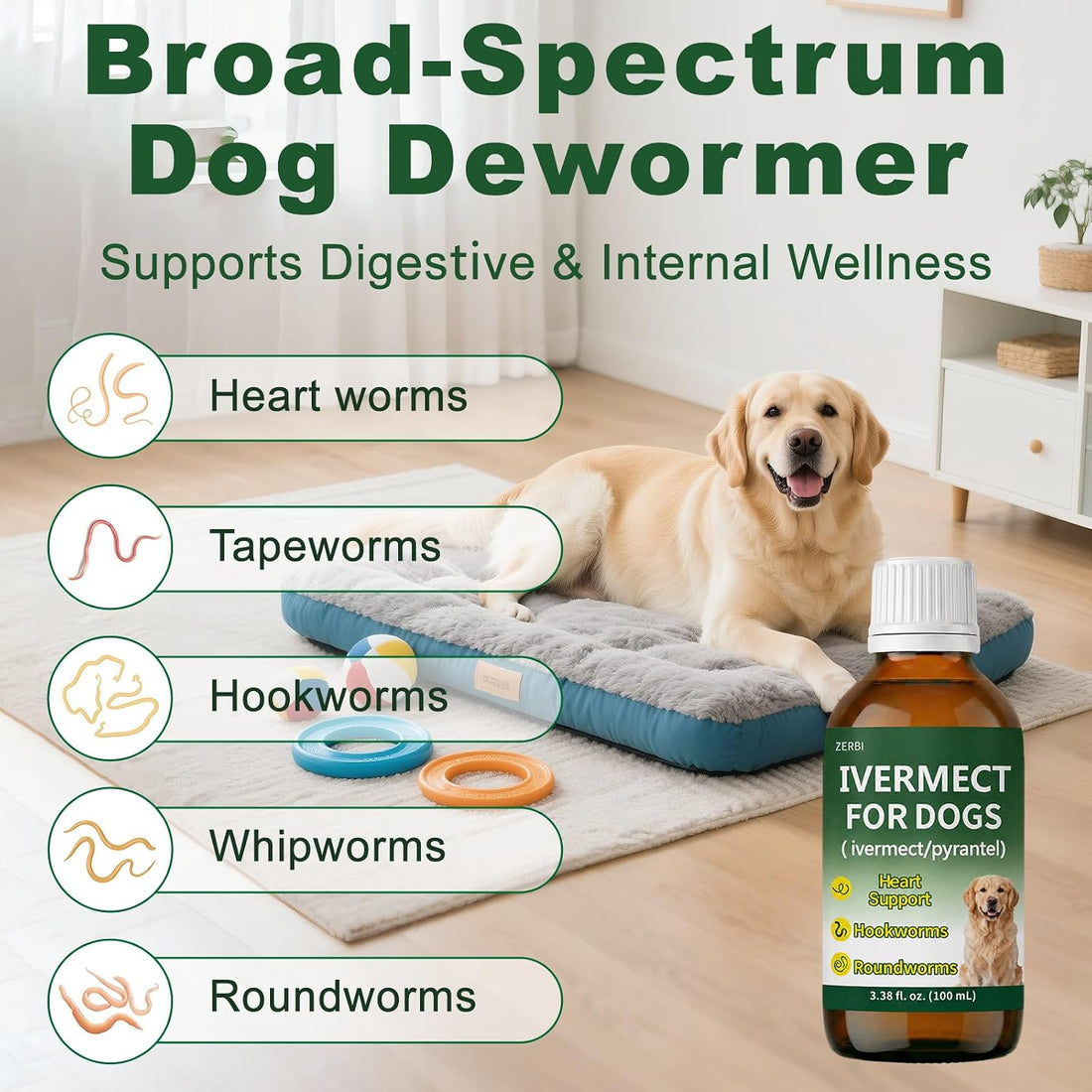 Dewormer for Dogs, for Tapeworms, Roundworms, Hookworms & Whipworms