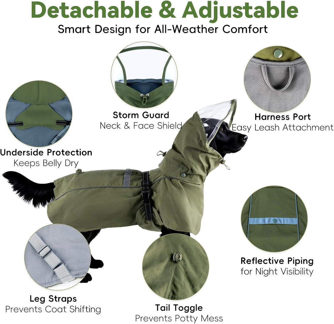 RYNVALE Dog Rain Coats for Large Dogs with Removable Hood