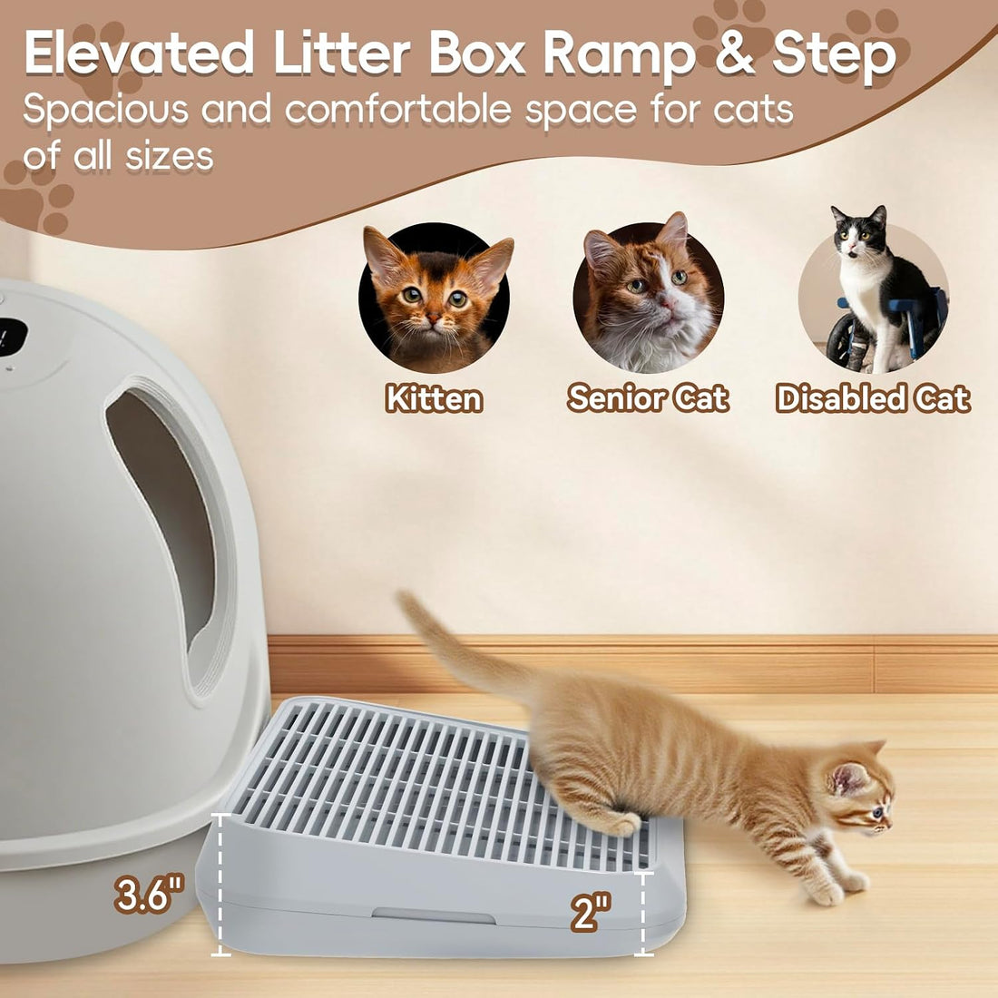 Elevated Litter Box Ramp/Steps for Kittens & Old Cats,Washable Litter