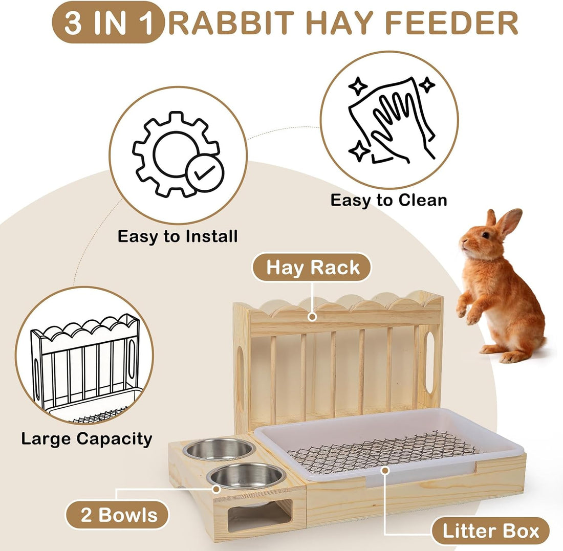 3-in-1 Wooden Rabbit Hay Feeder with Litter Box for Rabbits & Small