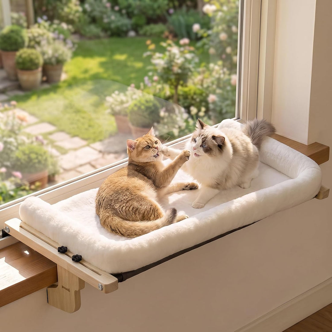 Pecute Cat Windowsill Perch, Cloud-Soft Cat Bed with Wood Frame