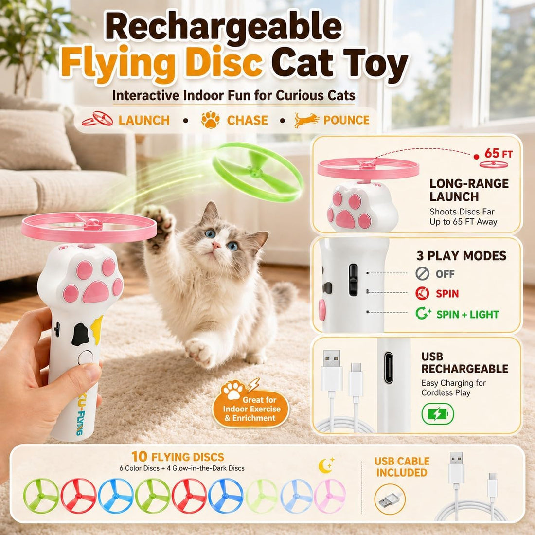 PDVMWPJ Cat Fetch Toy Launcher with 10 Soft & Flexible Discs