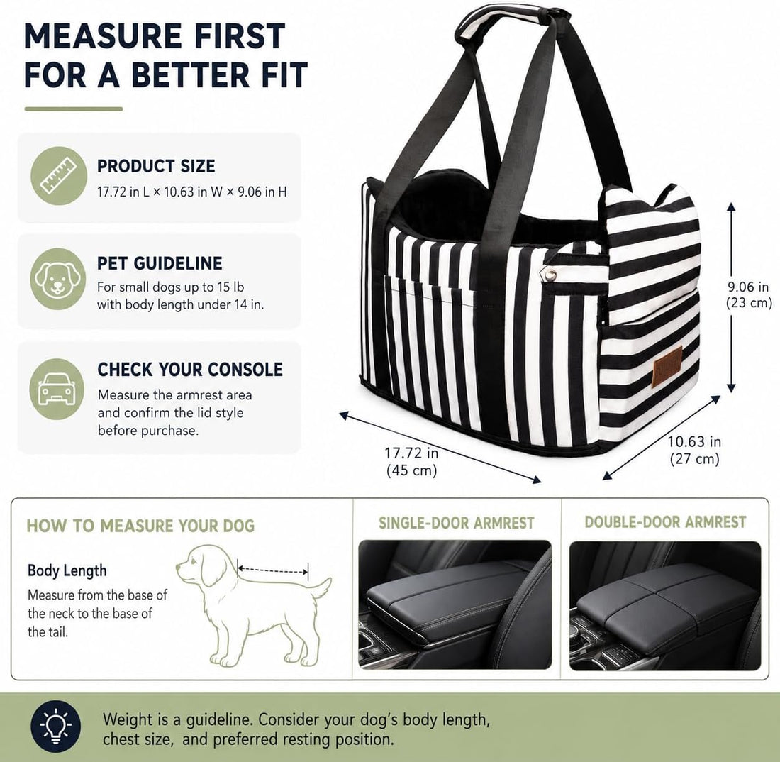 Console Dog Car Seat for Small Dogs to 15lbs (Black& White Stripes)