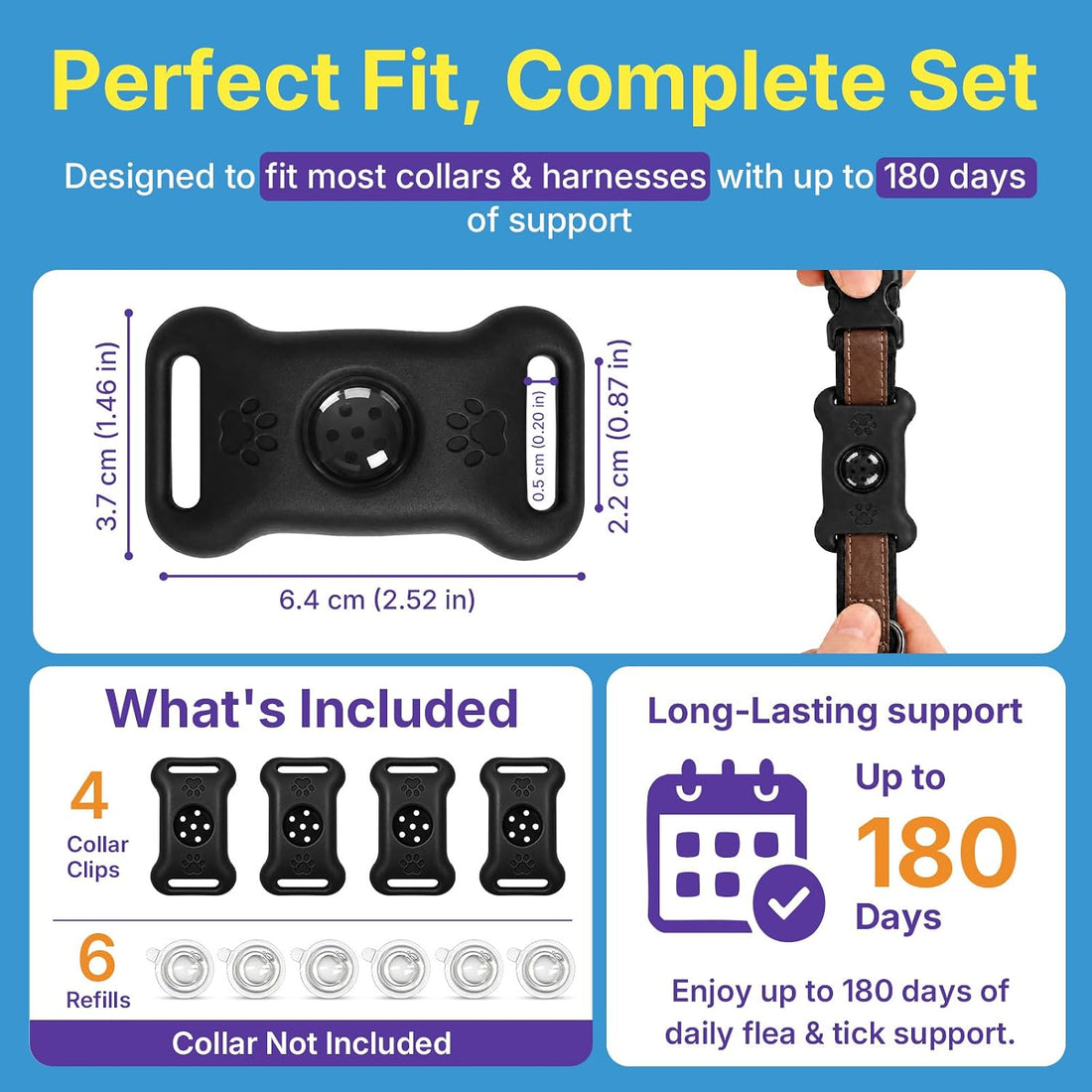 Flea Collar for Dogs, Refillable Collar Pendant 4 Clips + 6 Refills
