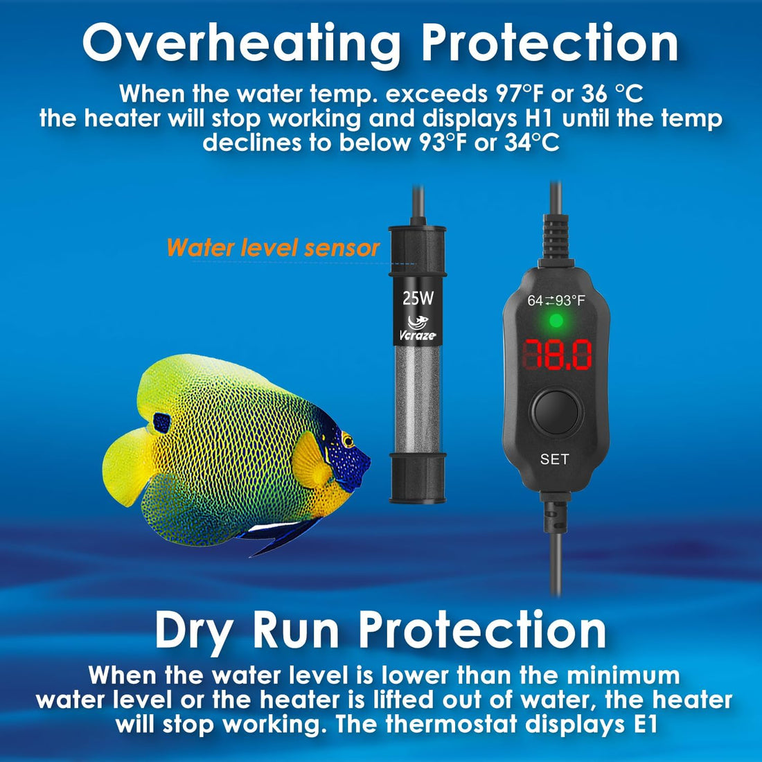 25W Compact Adjustable Aquarium Heater with Dry-Run & Overheat
