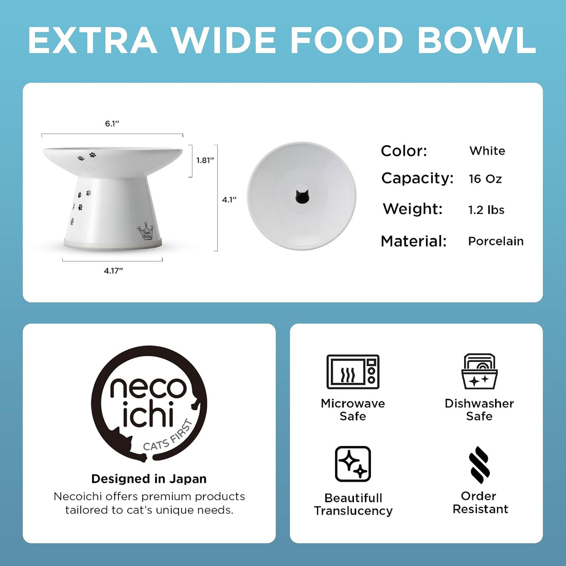 Necoichi Elevated Cat Food Bowl, Ceramic, Whisker-Friendly