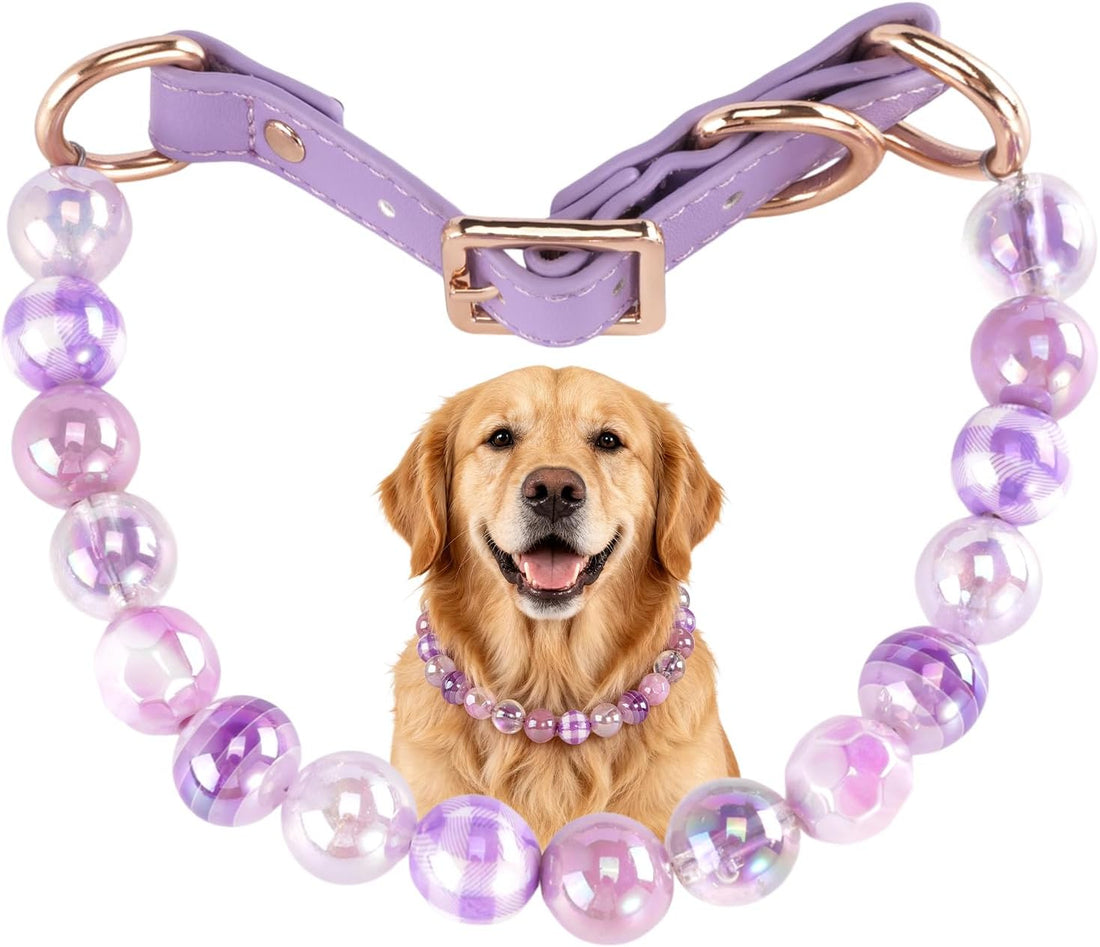 16mm Glitter Dog Beaded Necklace, Adjustable Leather Buckle (Pink, S)