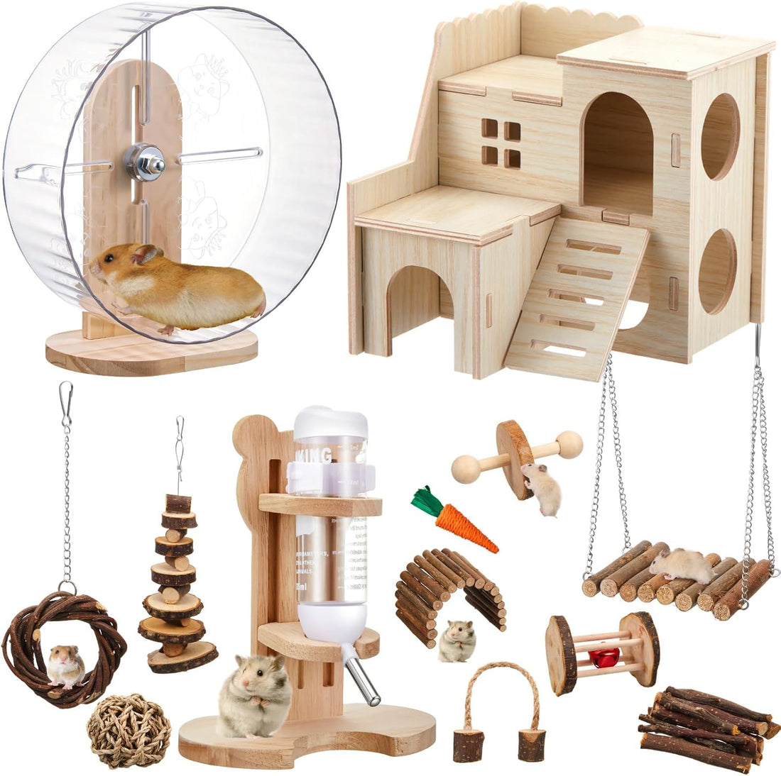 18 Pcs Hamster Cage Accessories Silent Hamster Wheel 15 Toys Set