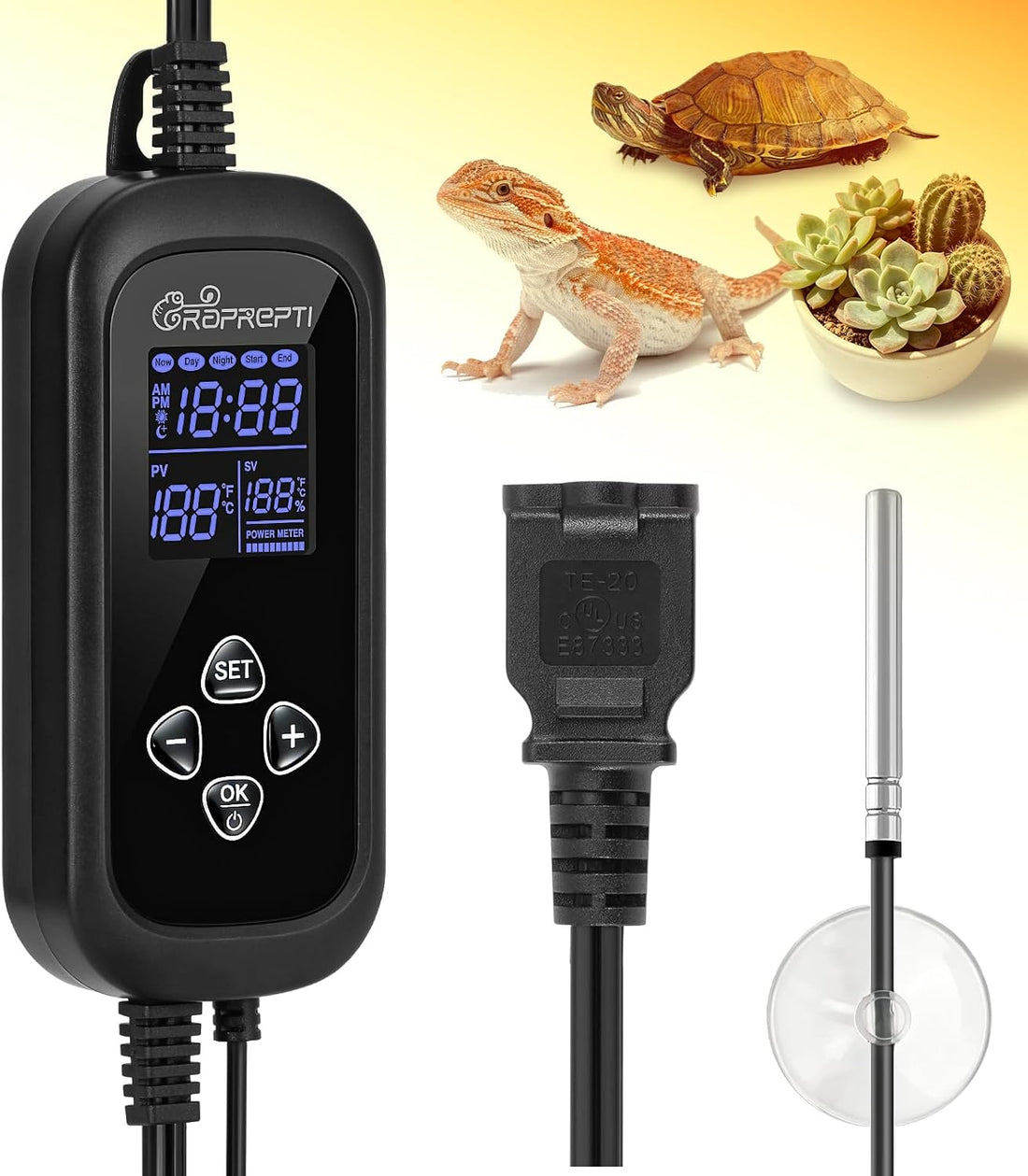 PID Dimming Thermostat for Reptiles with 1-24H Timer Setting