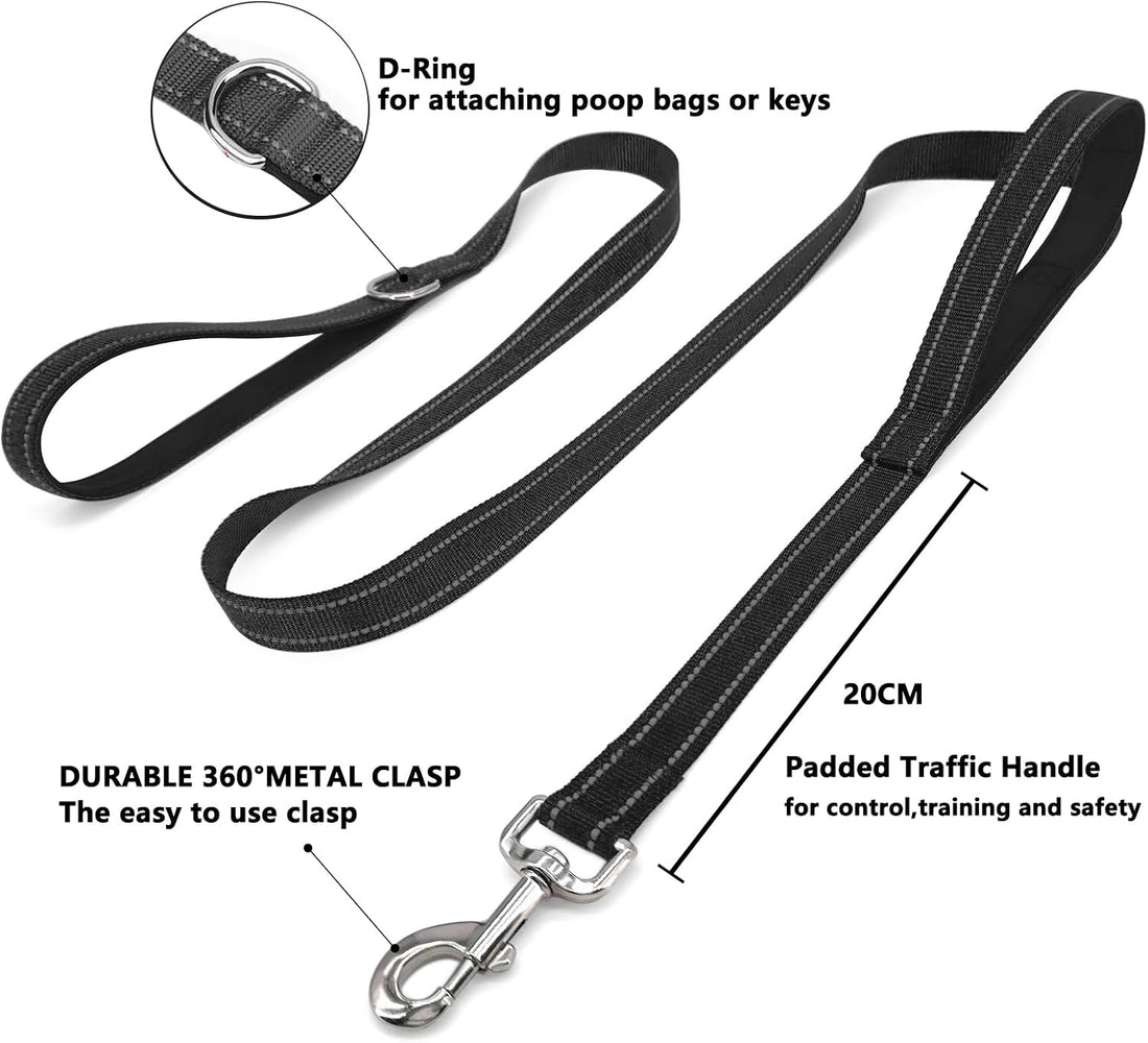 6 FT Black Nylon Reflective Dog Leash for Large Dogs with 2 Padded
