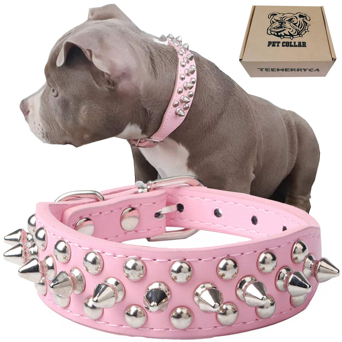 TEEMERRYCA Adjustable Leather Spiked Studded Dog Collars with