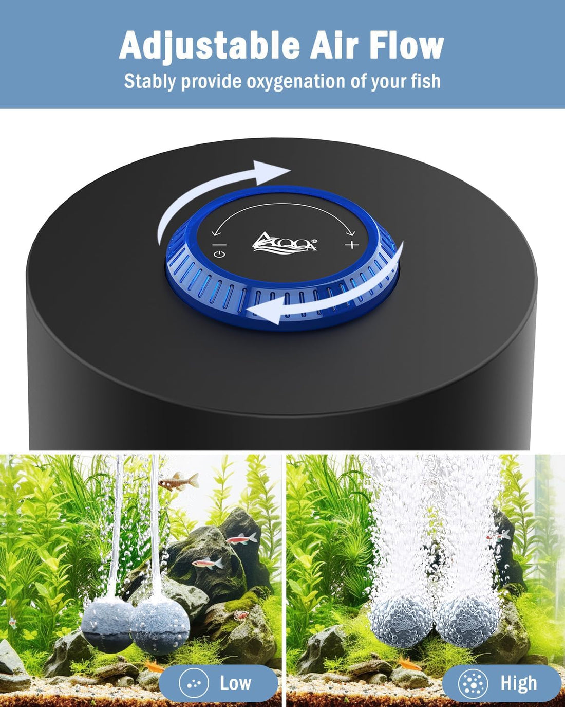 AQQA Aquarium Air Pump, 3W Powerful Dual Outlet Adjustable Oxygen