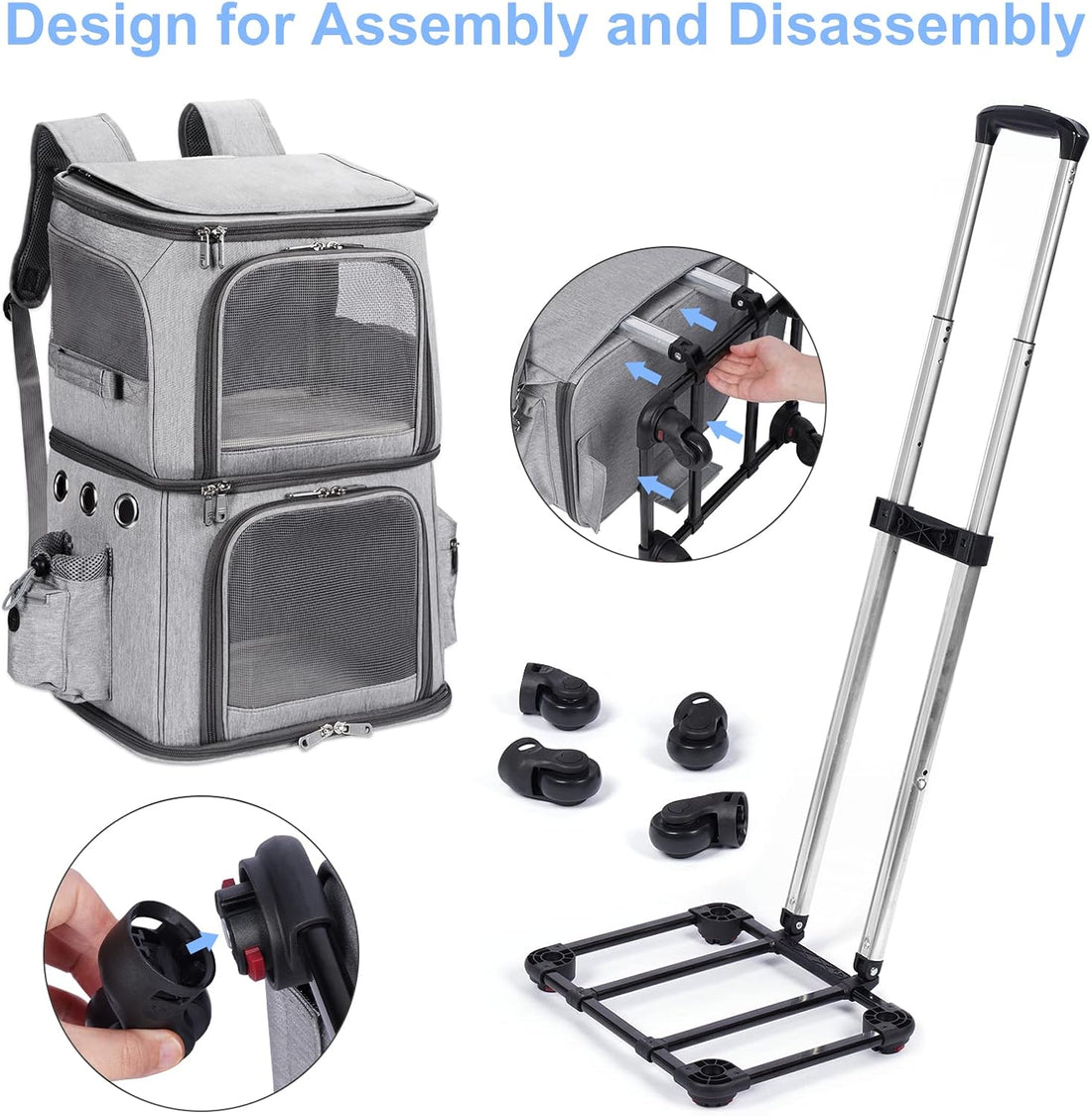 HOVONO Double-Compartment Cat Backpack Carrier with Wheels for 2 Pets