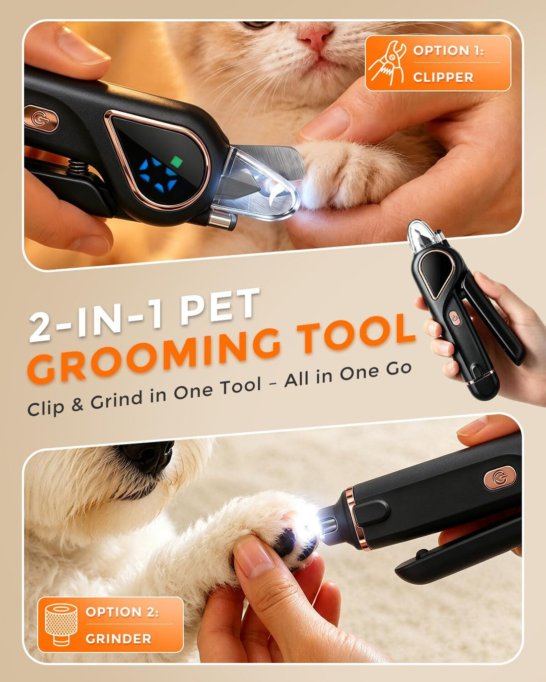 2-in-1 Dog Nail Clippers & Cat Grinder with Dual LED Lights