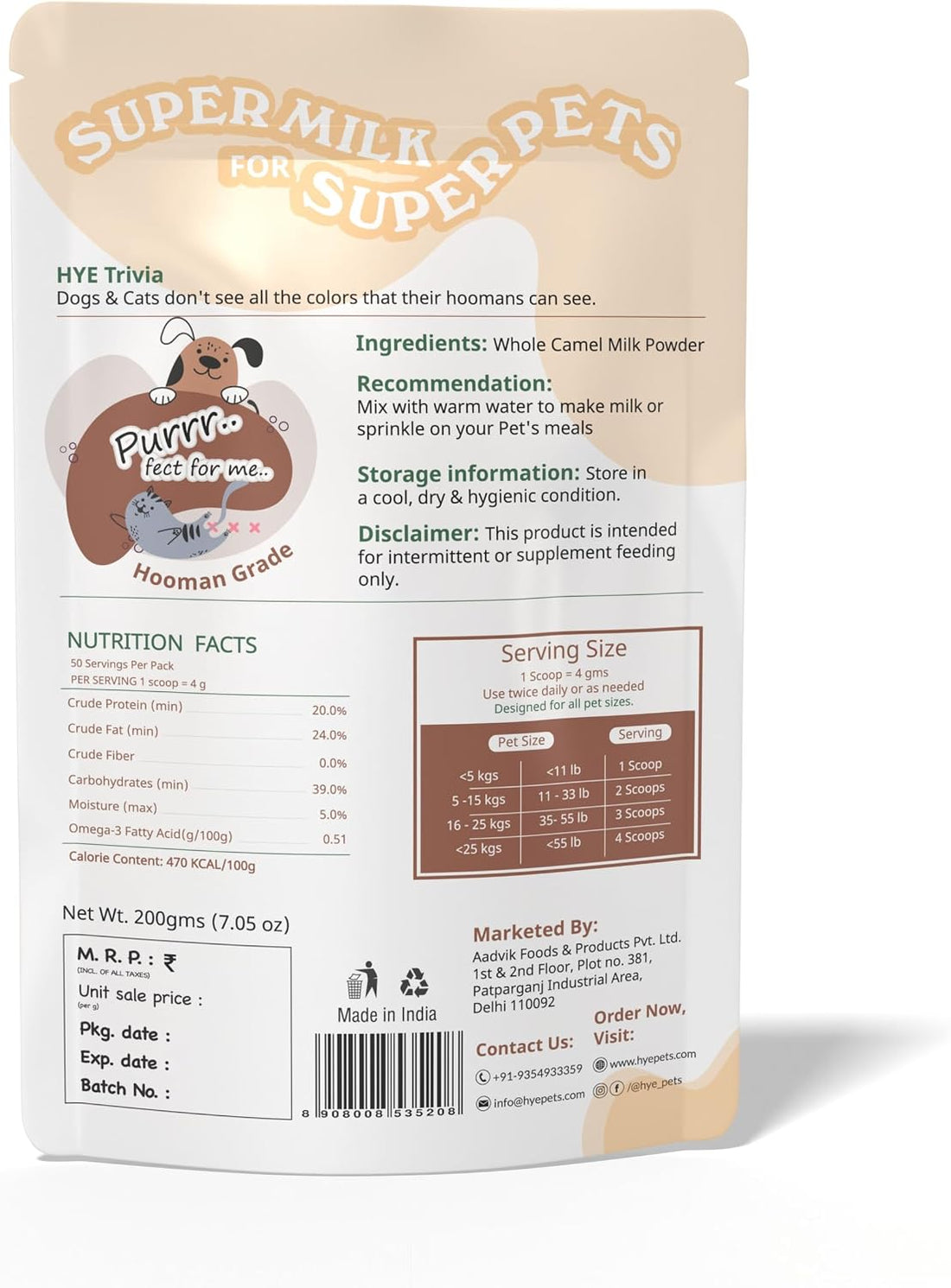 HYE Pets Full Fat Camel Milk Powder for Dogs & Cats