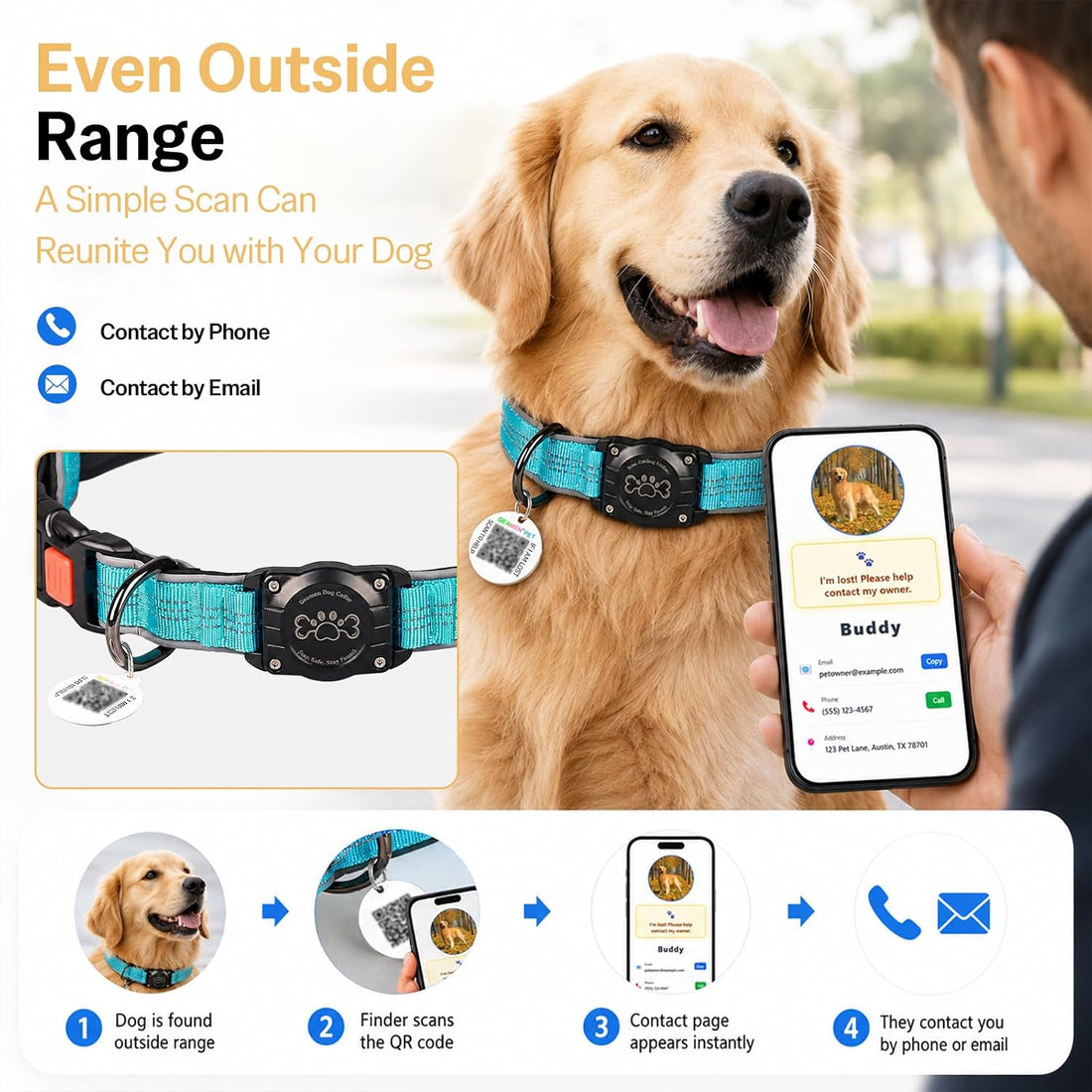 Dog Collar with AirTag Holder IP68 Waterproof Reflective Collar Blue M