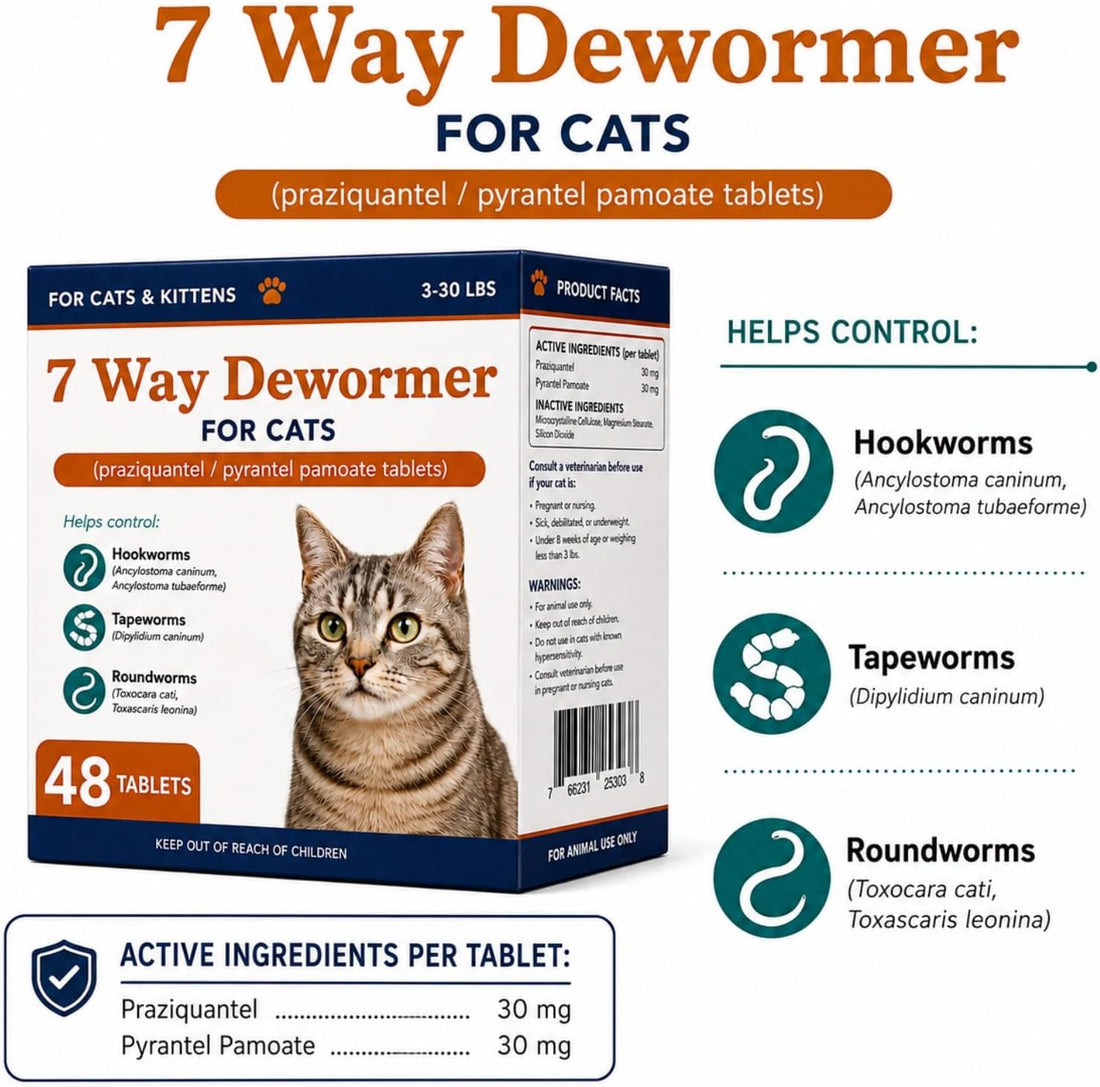 7 Way Dewormer for Cats, Large and Small Cats Dewormer,48 Tablets