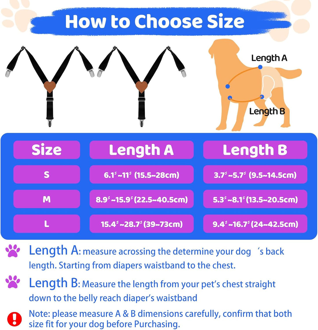 Dog Suspenders for Diapers, Adjustable Nylon 2pcs (Small, Black)