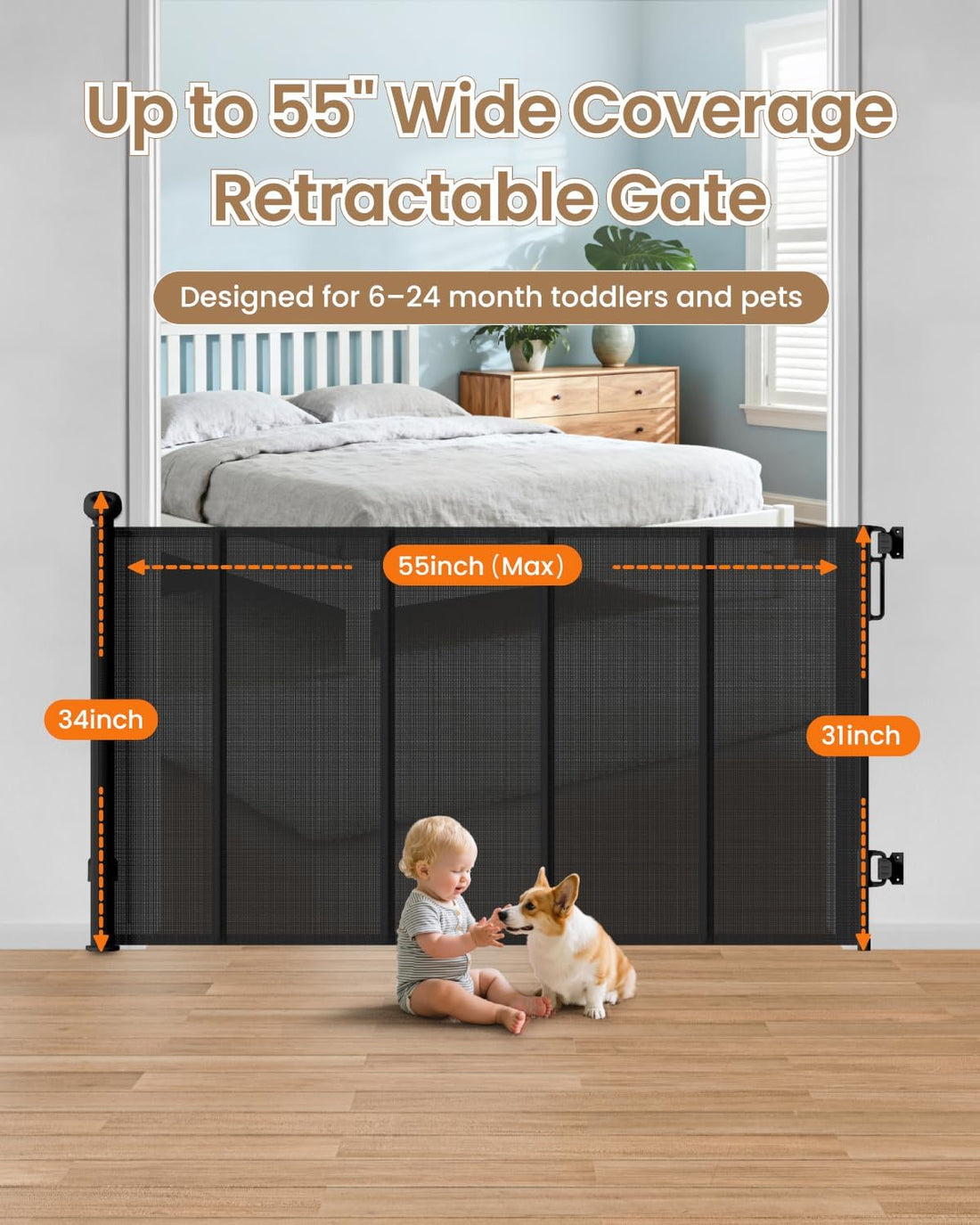 Retractable Baby Gate, Up to 55" Wide Reinforced Retractable Gate