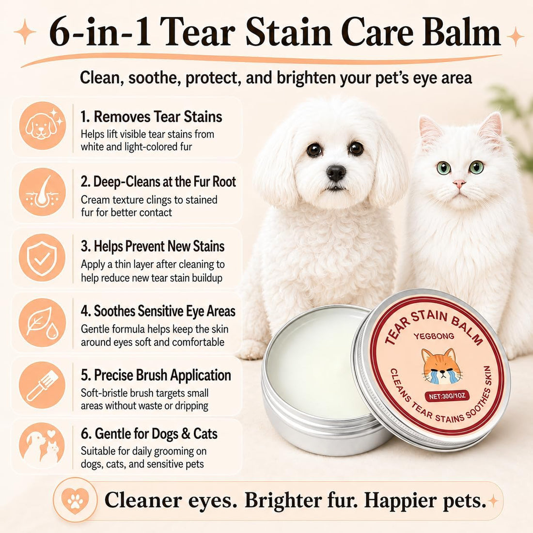 Tear Stain Remover Balm for Dogs & Cats with Soft Brush