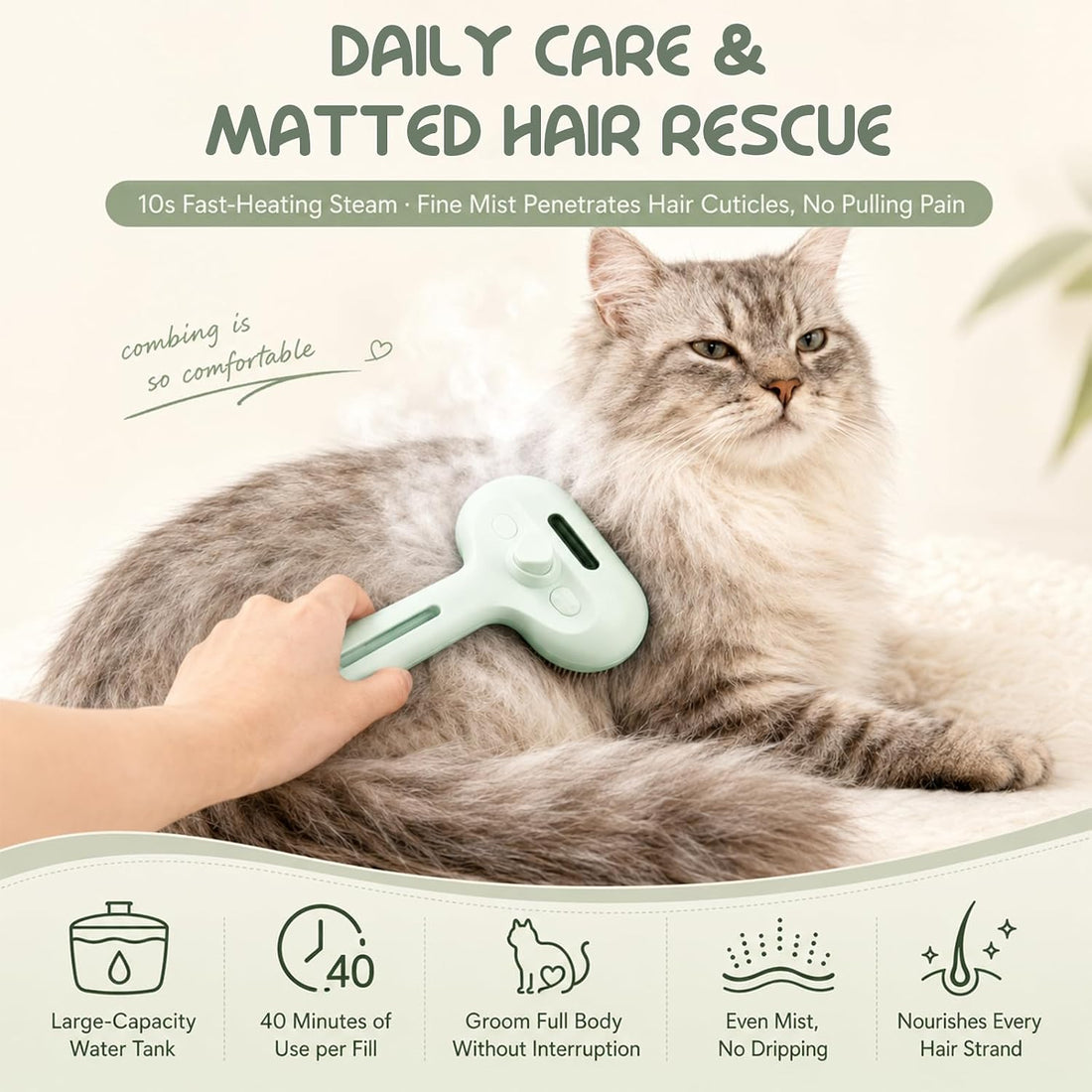 Pet Steam Brush for Cats & Dogs, Cool Mist Self-Cleaning Comb